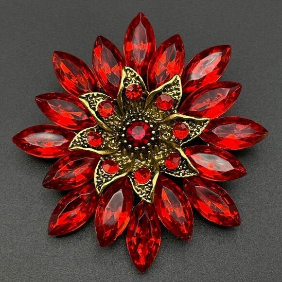 Yellow Gold with Ruby Red Crystal Round Flower Pin Back Brooch - Picture 1 of 8